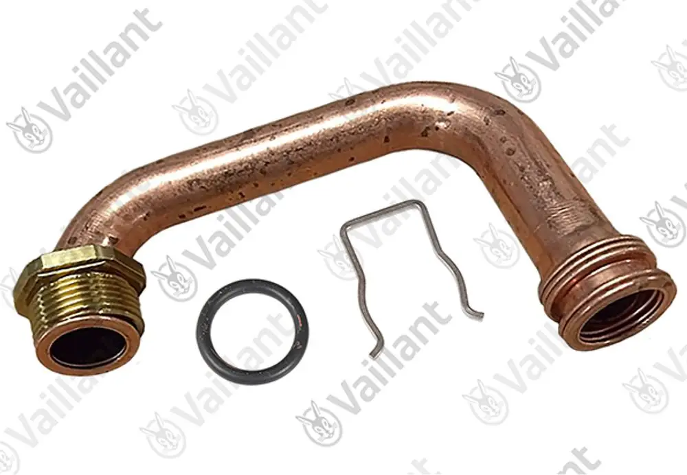 Kupferrohr von Vaillant in gebogener Form, ausgestattet mit einer Gewindemutter und Dichtungsring, sowie einem Halteclip.